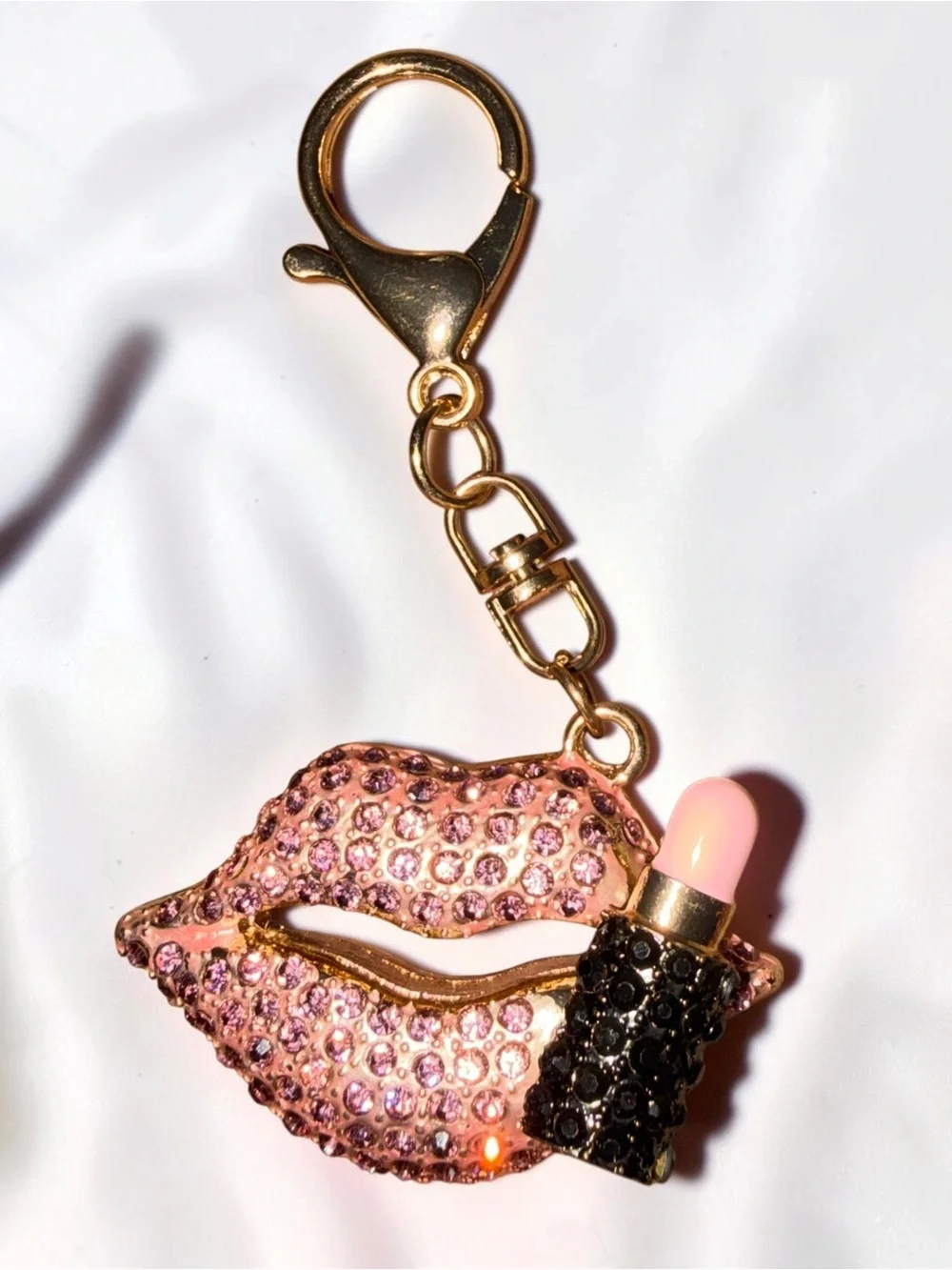 Pink Lipstick Lip Charm Keychain - Crystal Embellished